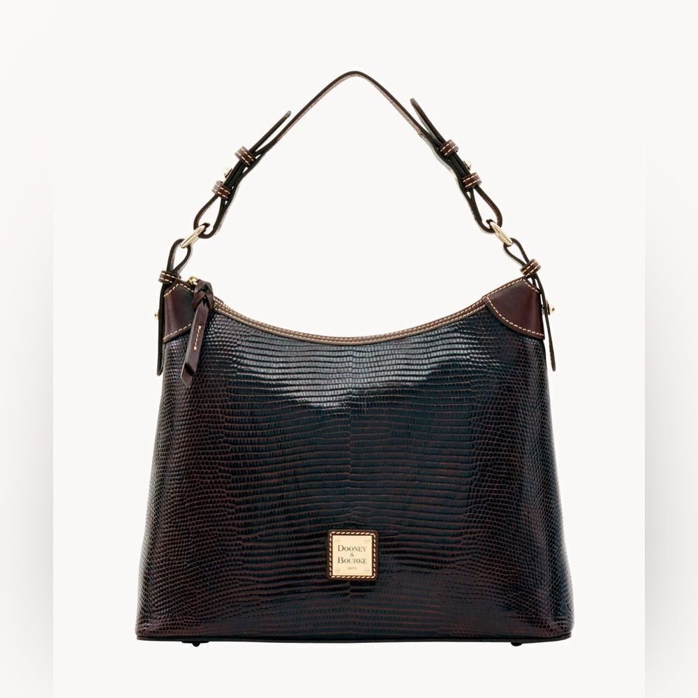 Dooney & Burke Pebble Grain Leather Lizard Embossed Hobo Shoulder Bag Brown